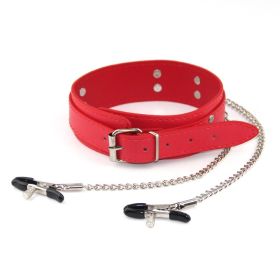 Leather Nipple Clamp Collar Iron Chain Traction Neck Scarf (Color: Red)