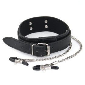 Leather Nipple Clamp Collar Iron Chain Traction Neck Scarf (Color: Black)